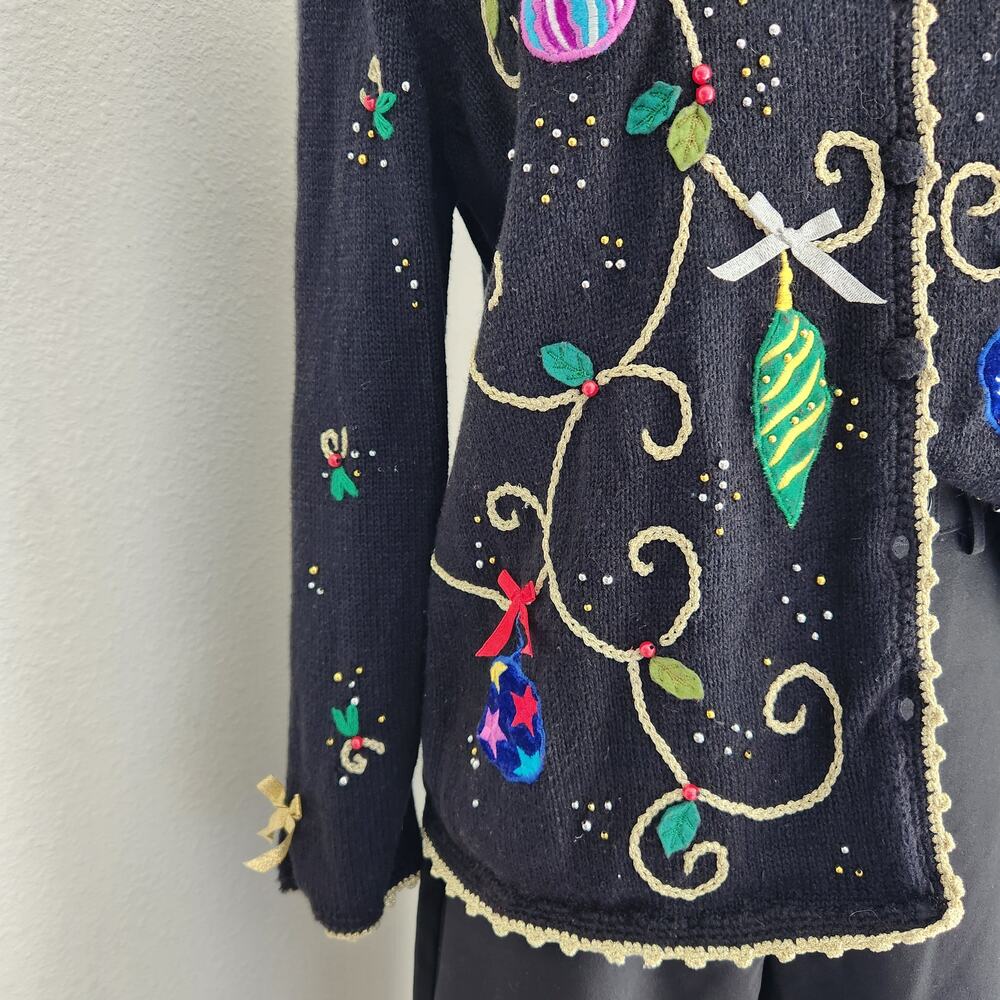 Vintage Studio Joy Black Holiday Christmas Knit Cardigan Sweater Ornaments S - Picture 6 of 10